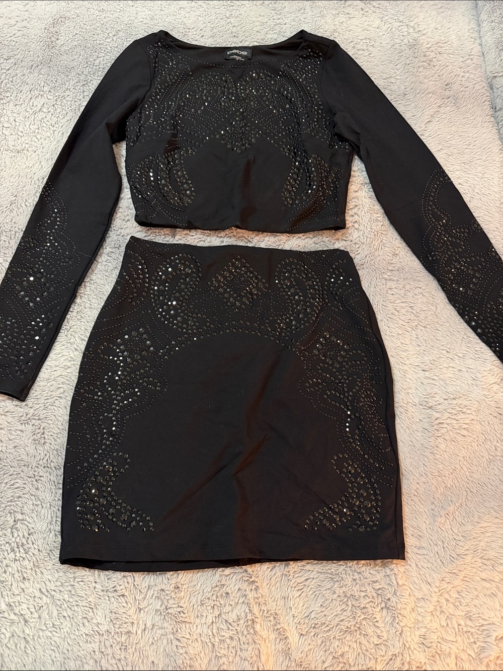 Bebe Black Embellished Mini Skirt Set